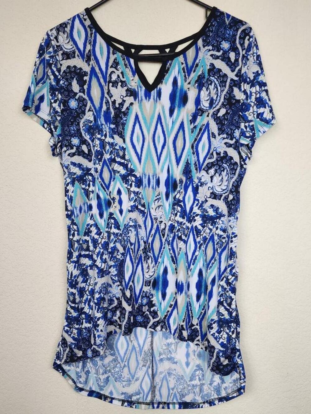 Large Cool Blue Patchwork Printed Criss Cross Top
